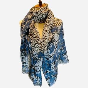 Chico's Cheetah Animal Print & Batik Blue Cream Oversized Scarf Wrap Shawl